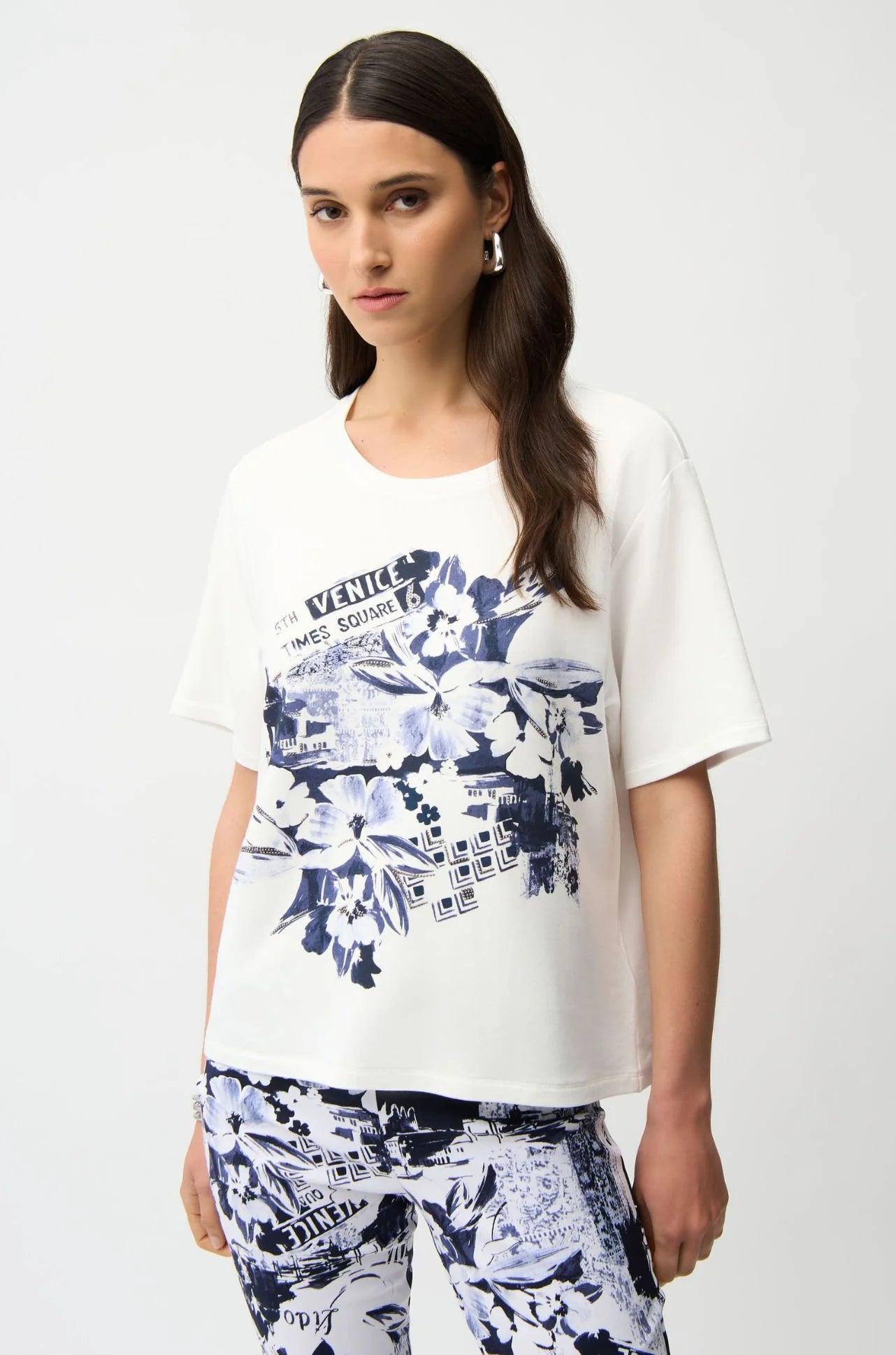 Joseph Ribkoff | Front Print T-Shirt with Rhinestones | Blue Motive