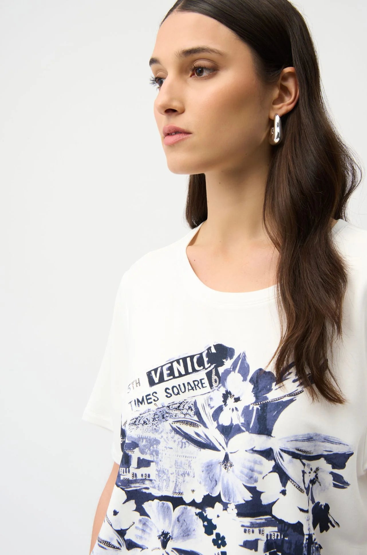 Joseph Ribkoff | Front Print T-Shirt with Rhinestones | Blue Motive
