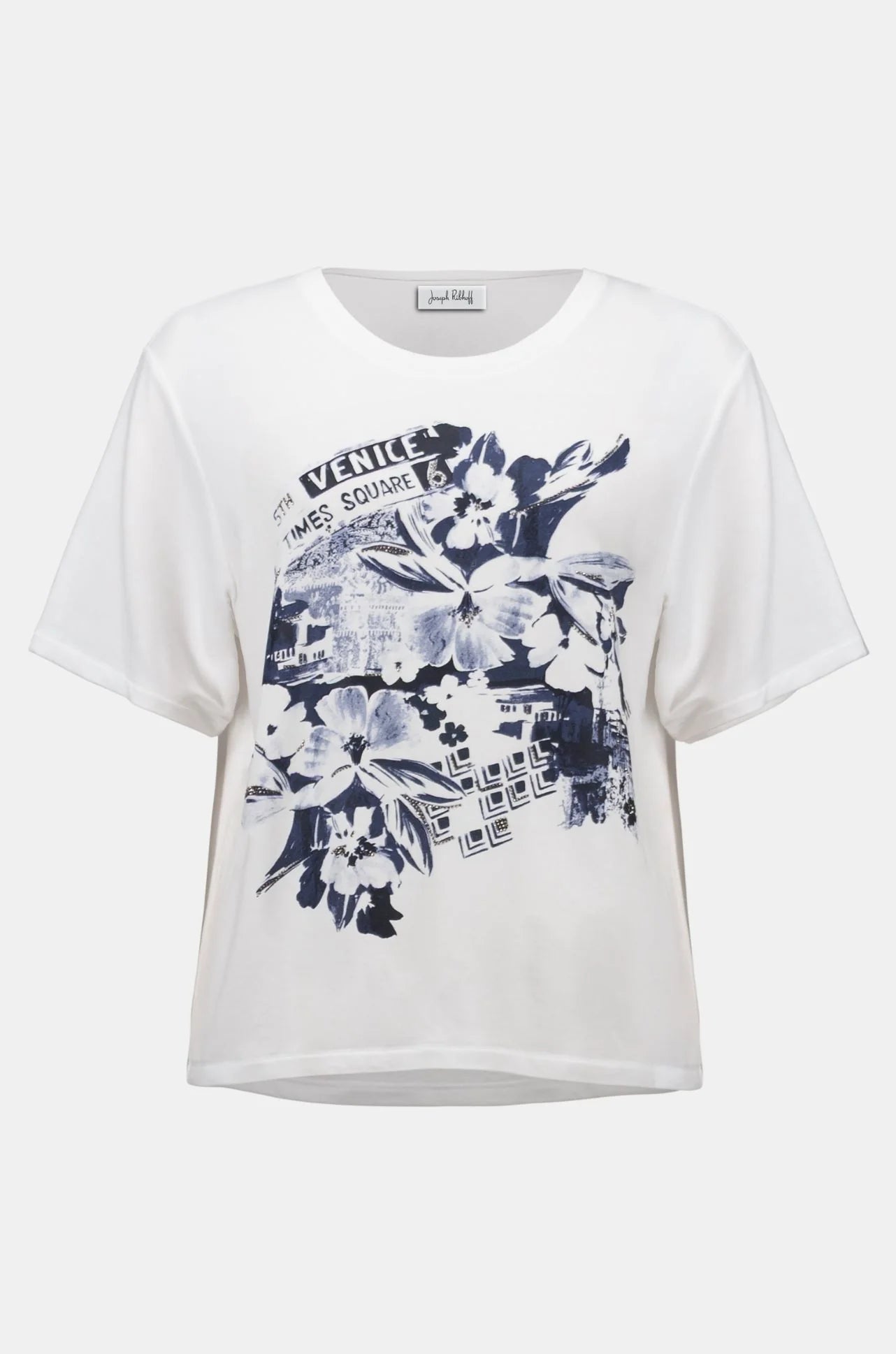 Joseph Ribkoff | Front Print T-Shirt with Rhinestones | Blue Motive