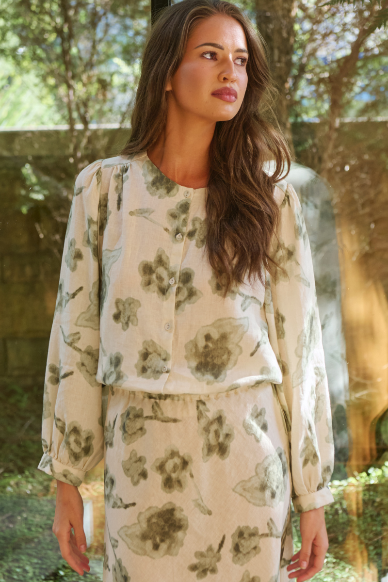 Naturals | Button Through Round Neck Top | Patina Petals