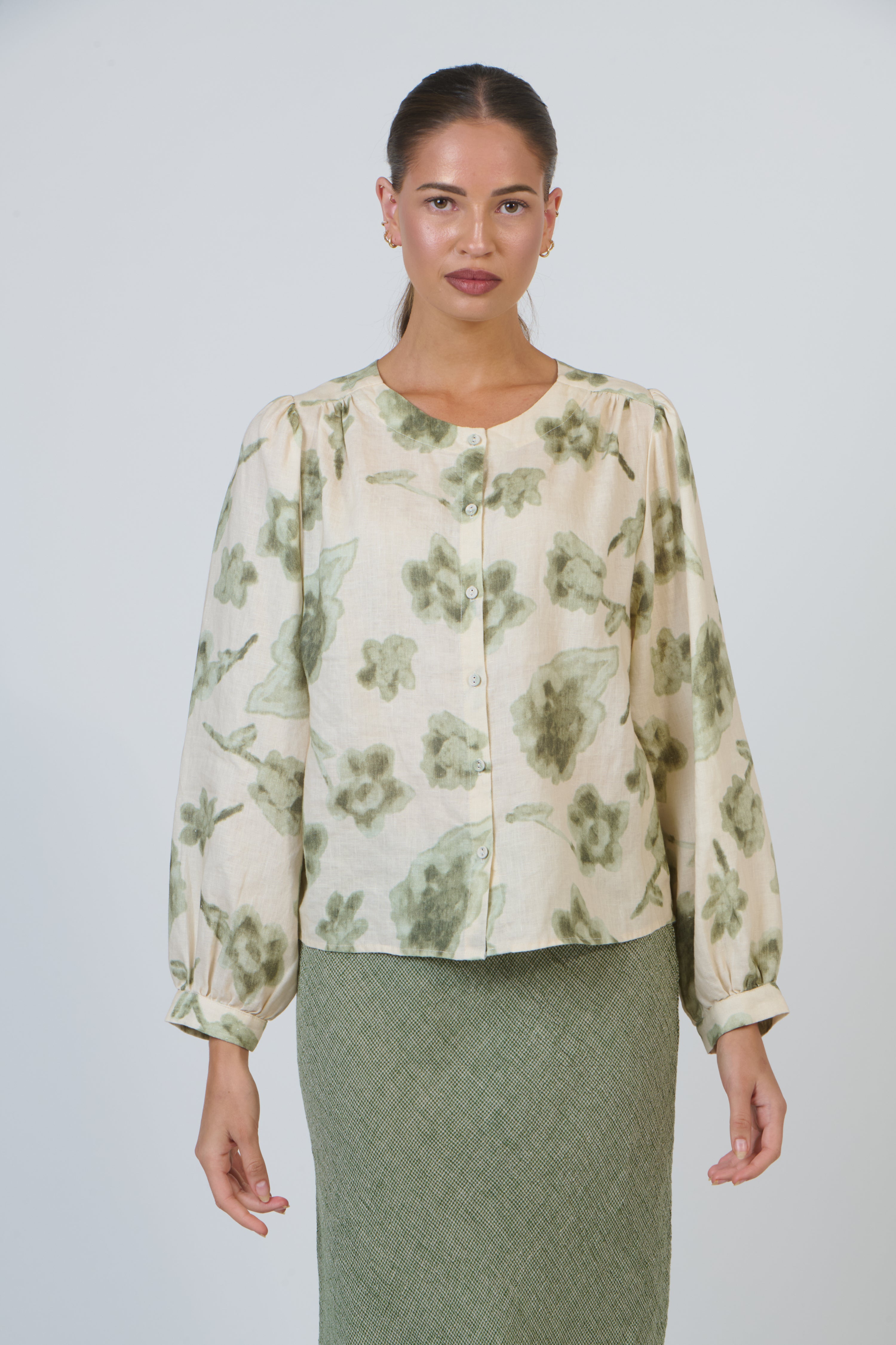 Naturals | Button Through Round Neck Top | Patina Petals