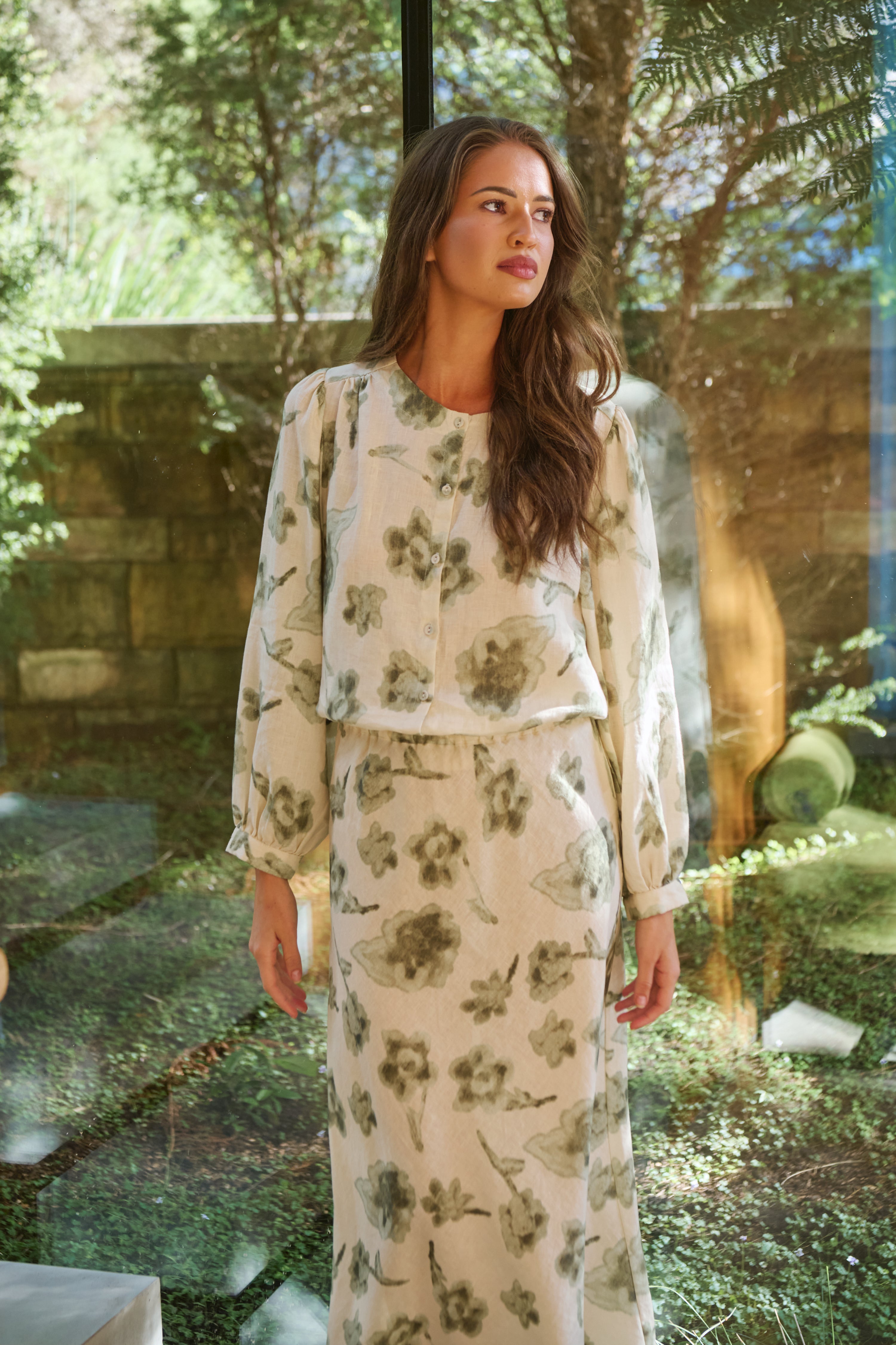 Naturals | Button Through Round Neck Top | Patina Petals