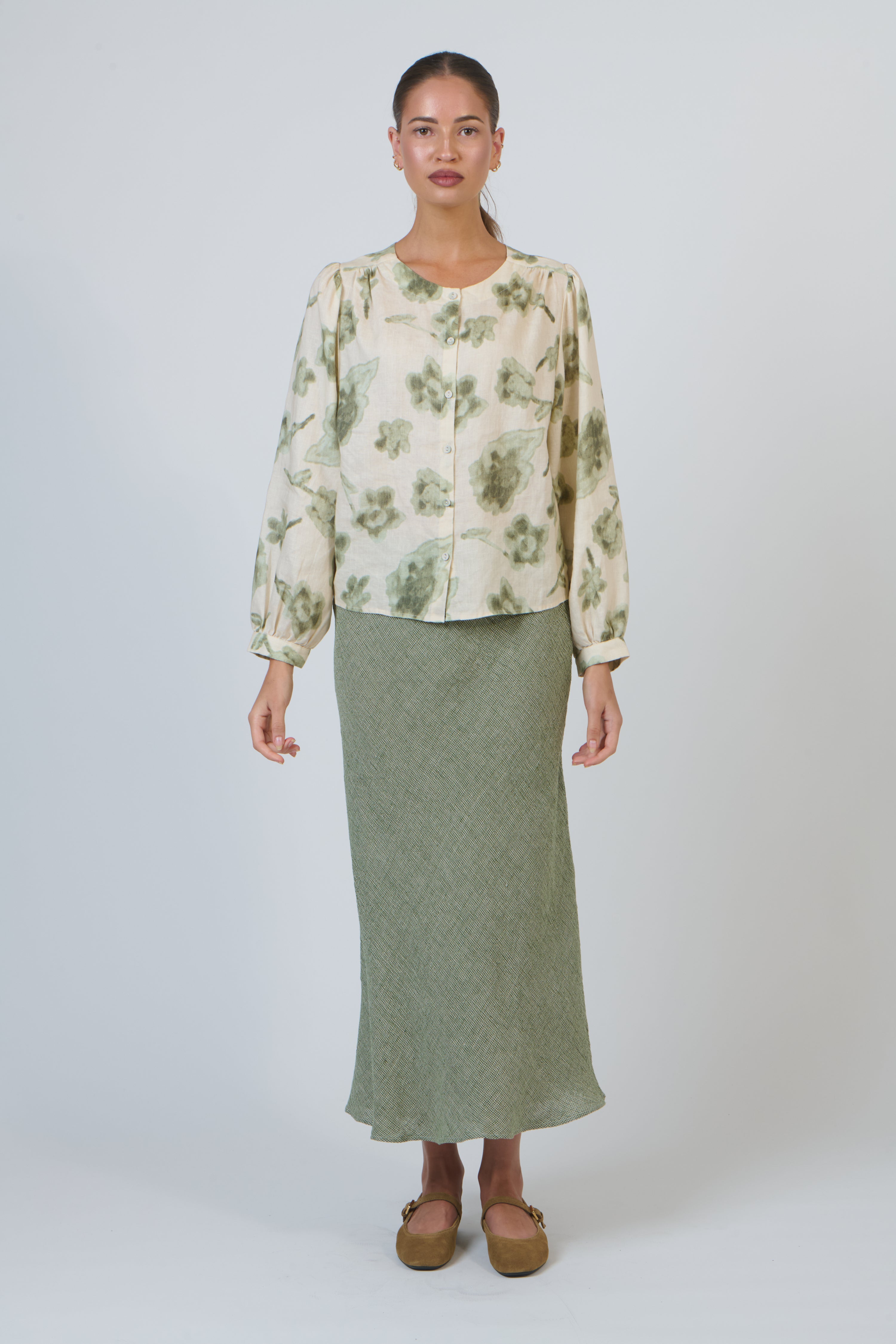 Naturals | Button Through Round Neck Top | Patina Petals