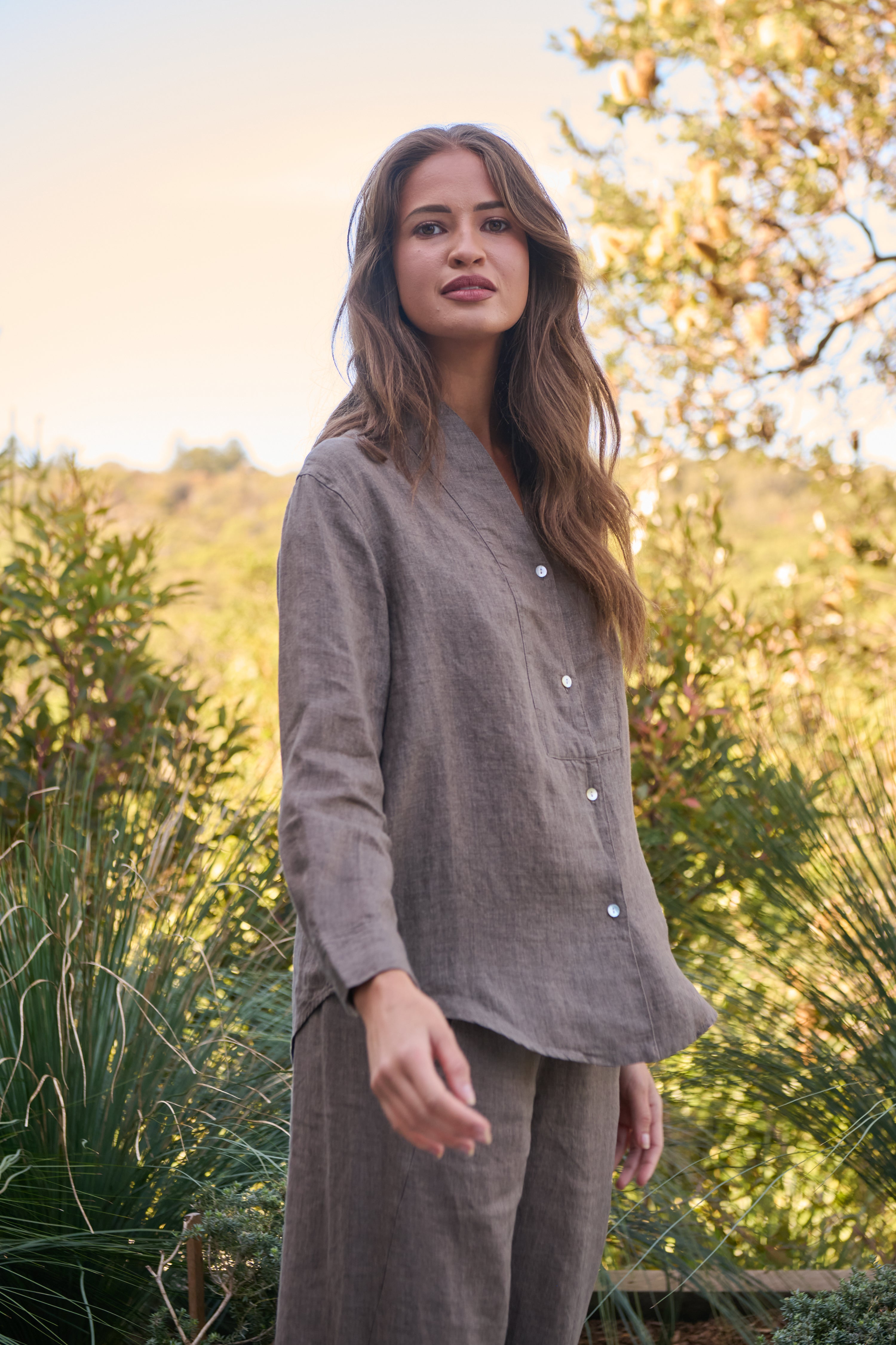 Naturals | Button Through V Neck Shirt | Cigar