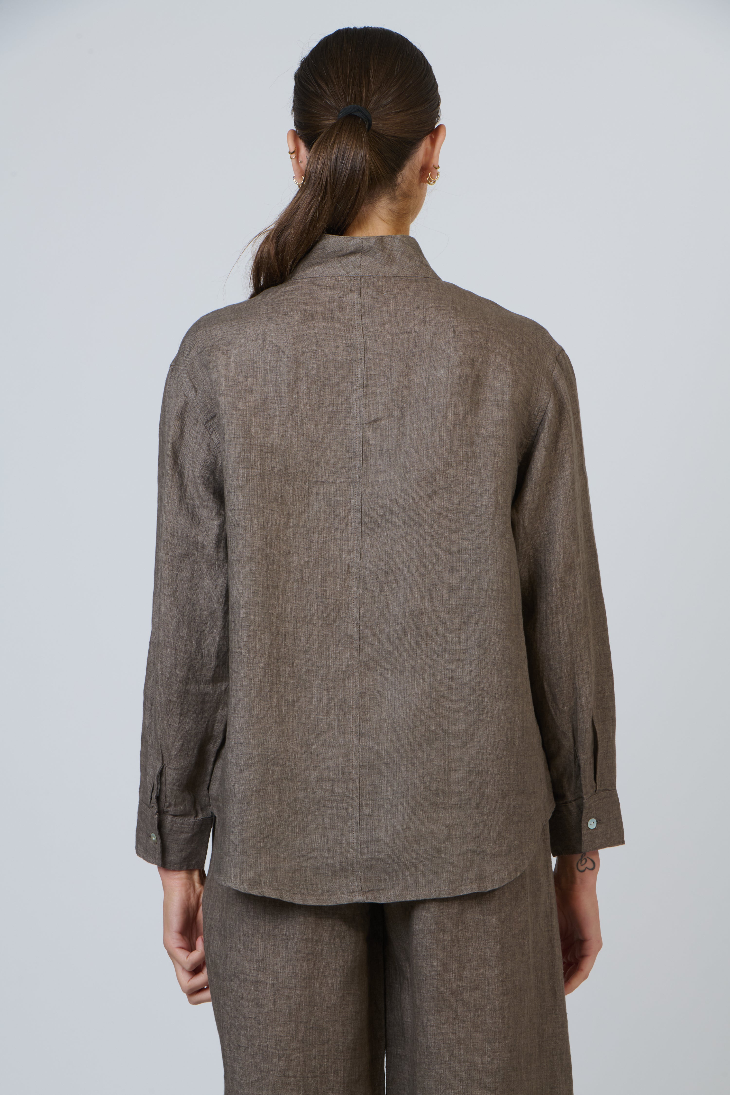 Naturals | Button Through V Neck Shirt | Cigar
