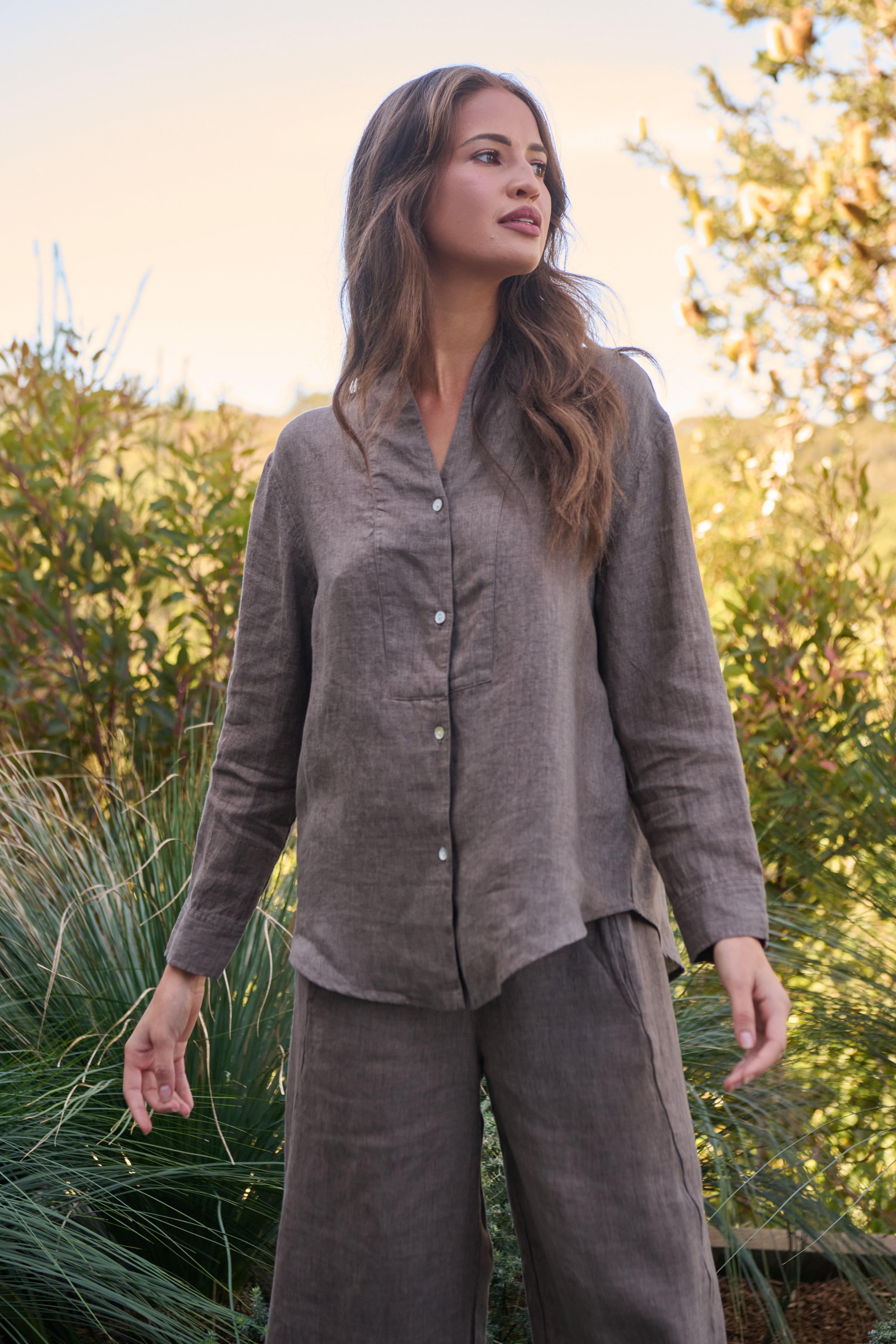 Naturals | Button Through V Neck Shirt | Cigar