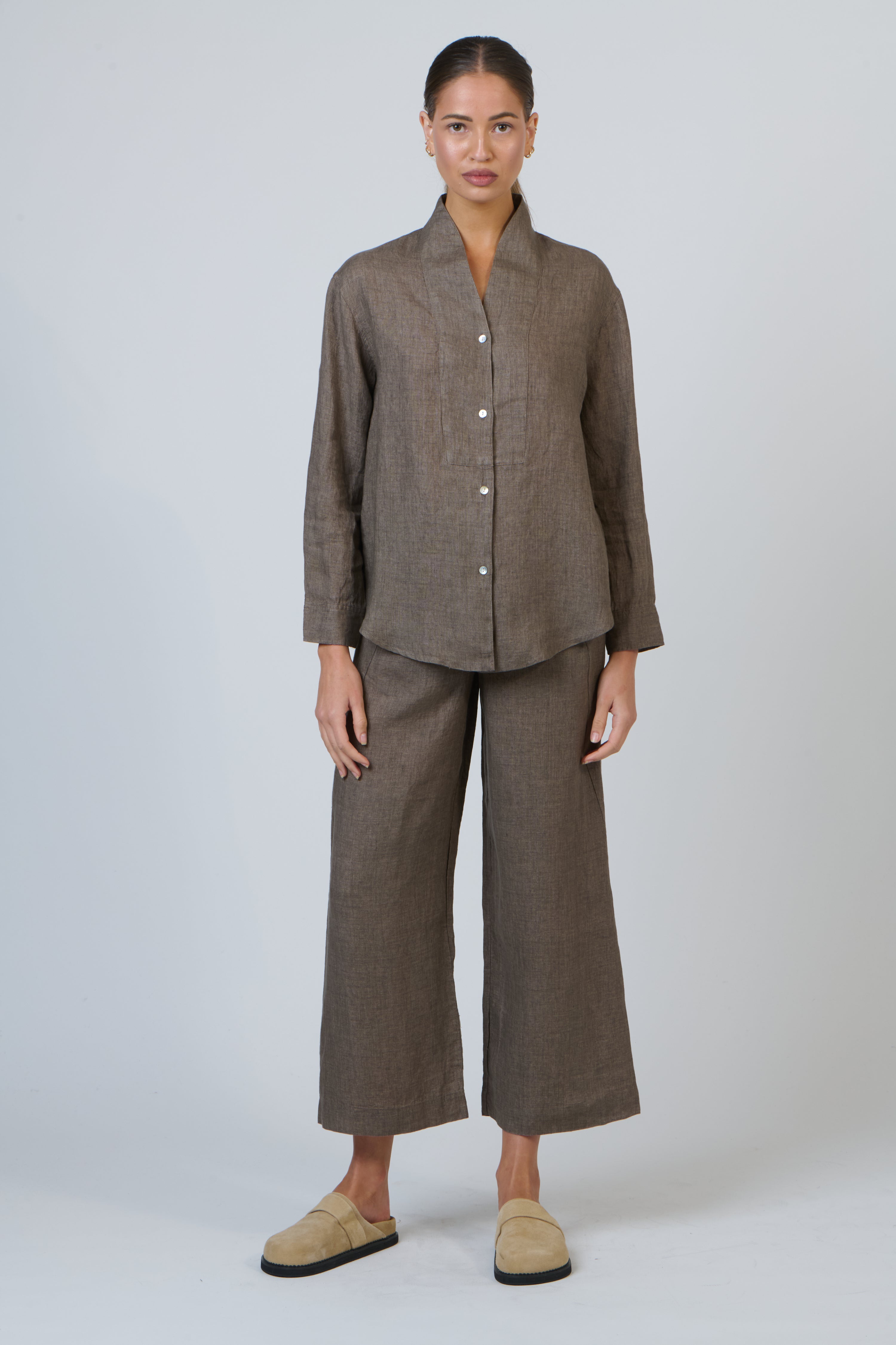 Naturals | Button Through V Neck Shirt | Cigar