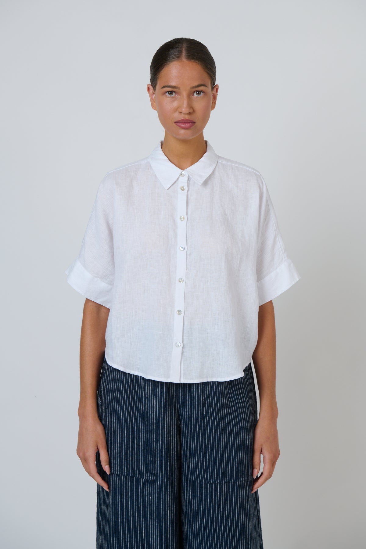 Naturals | Linen Button Through Top with Collar | White