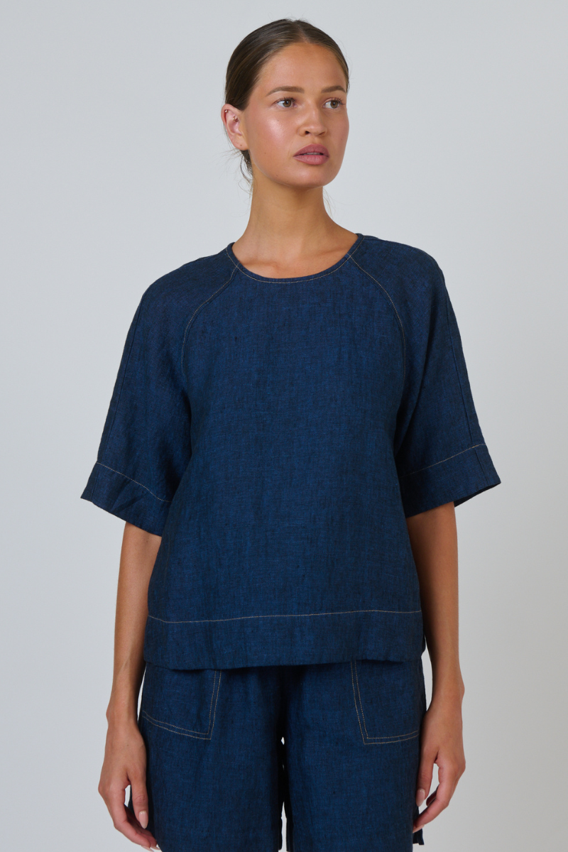 Naturals | Linen Top with Contrast Stitching | Eclipse