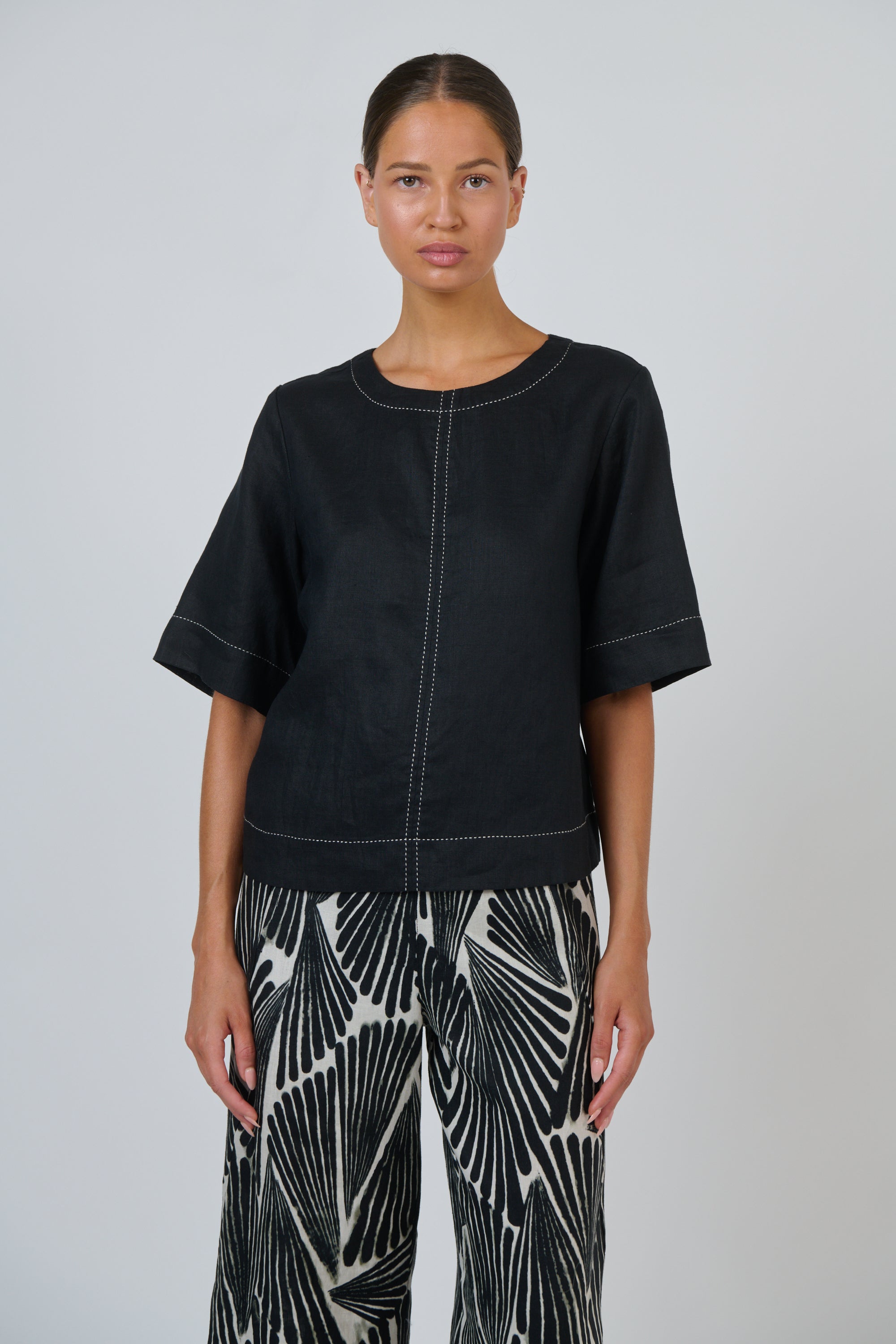 Naturals | Linen Top Contrasting Stitching | Black
