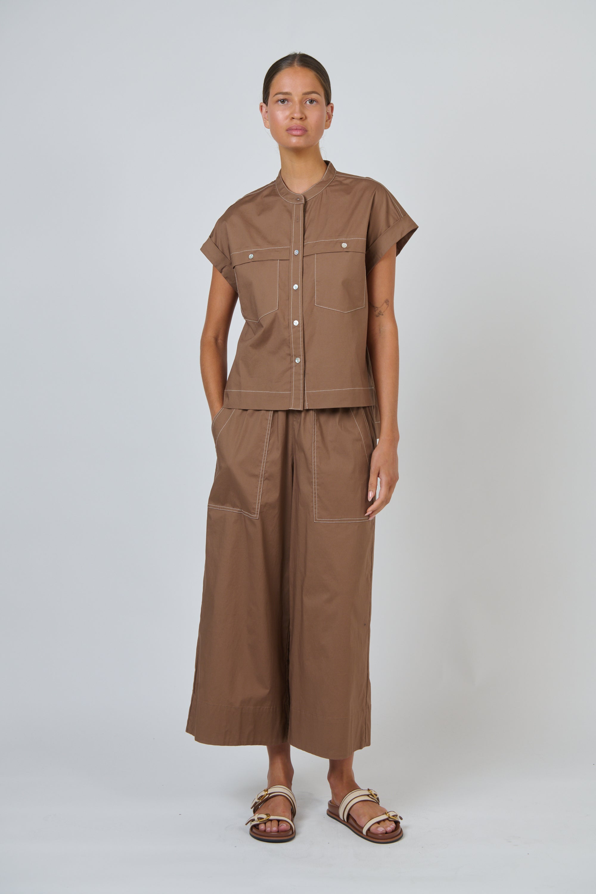 Naturals | Poplin Top with Contrast Stitching | Cookie