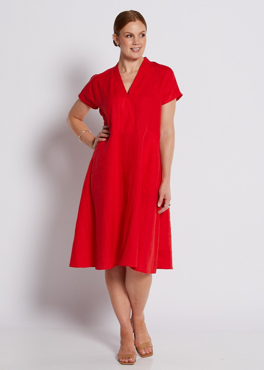 Philosophy | Blanco Short Sleeve V-Neck Dress | Red