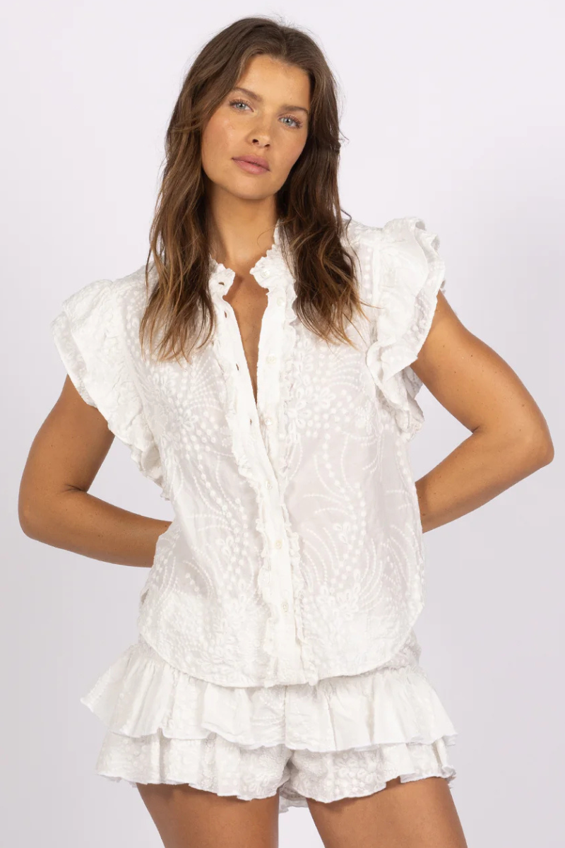 JOEY | Daisy Short-Sleeve Ruffle Blouse | White