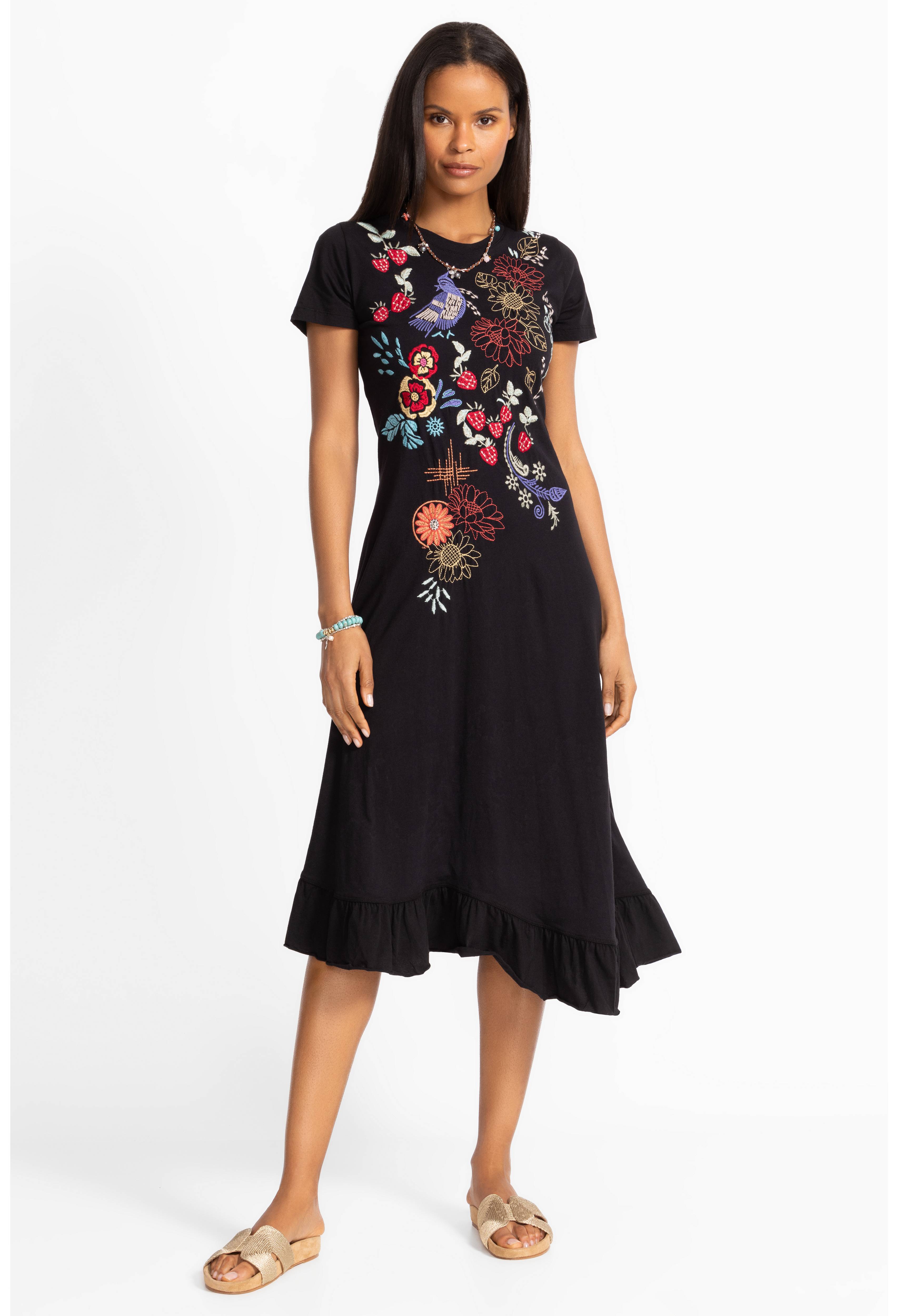 Johnny Was | Asymmetrical Ruffle Flounce Embroidered Dress | Cora