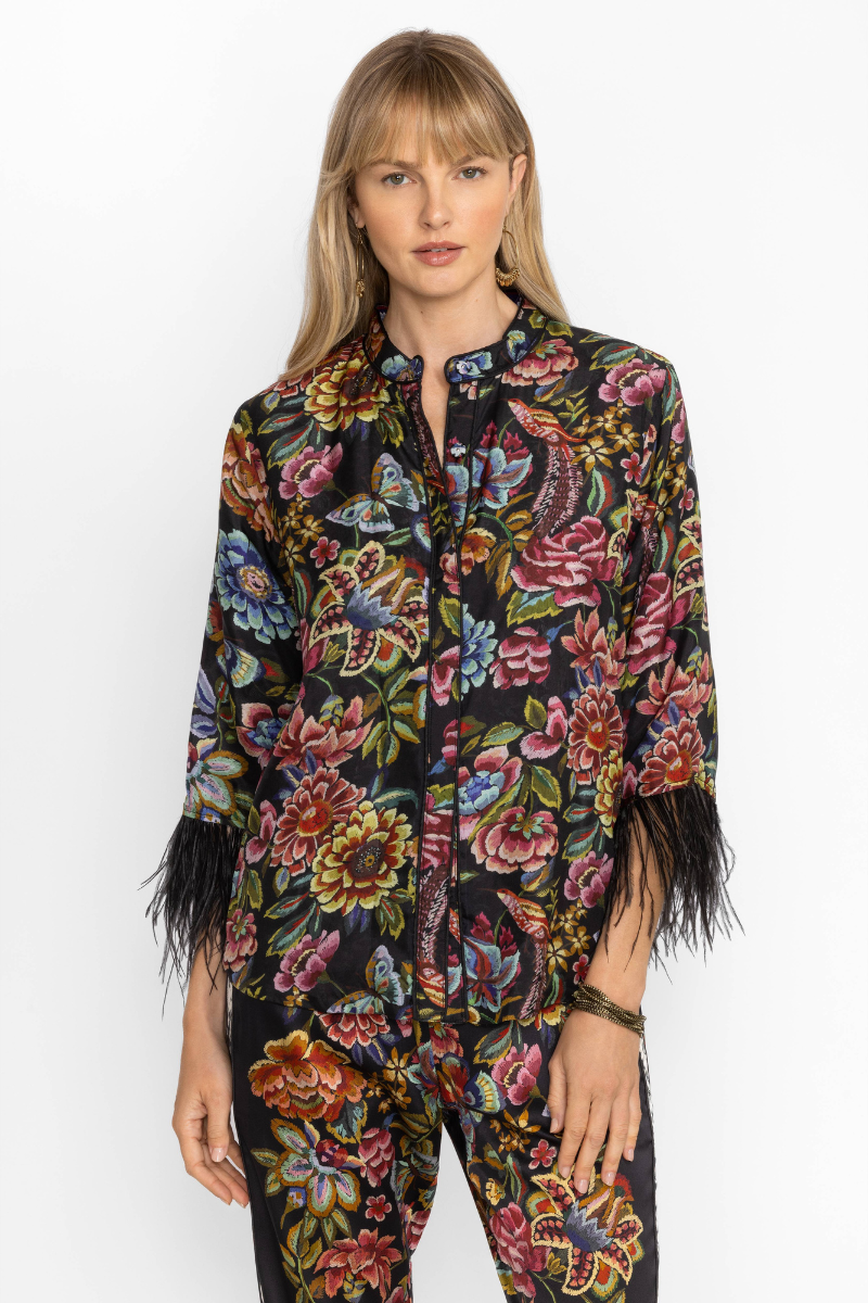 Johnny Was | Lewella Feather Trim Kimono | Antigua Flower