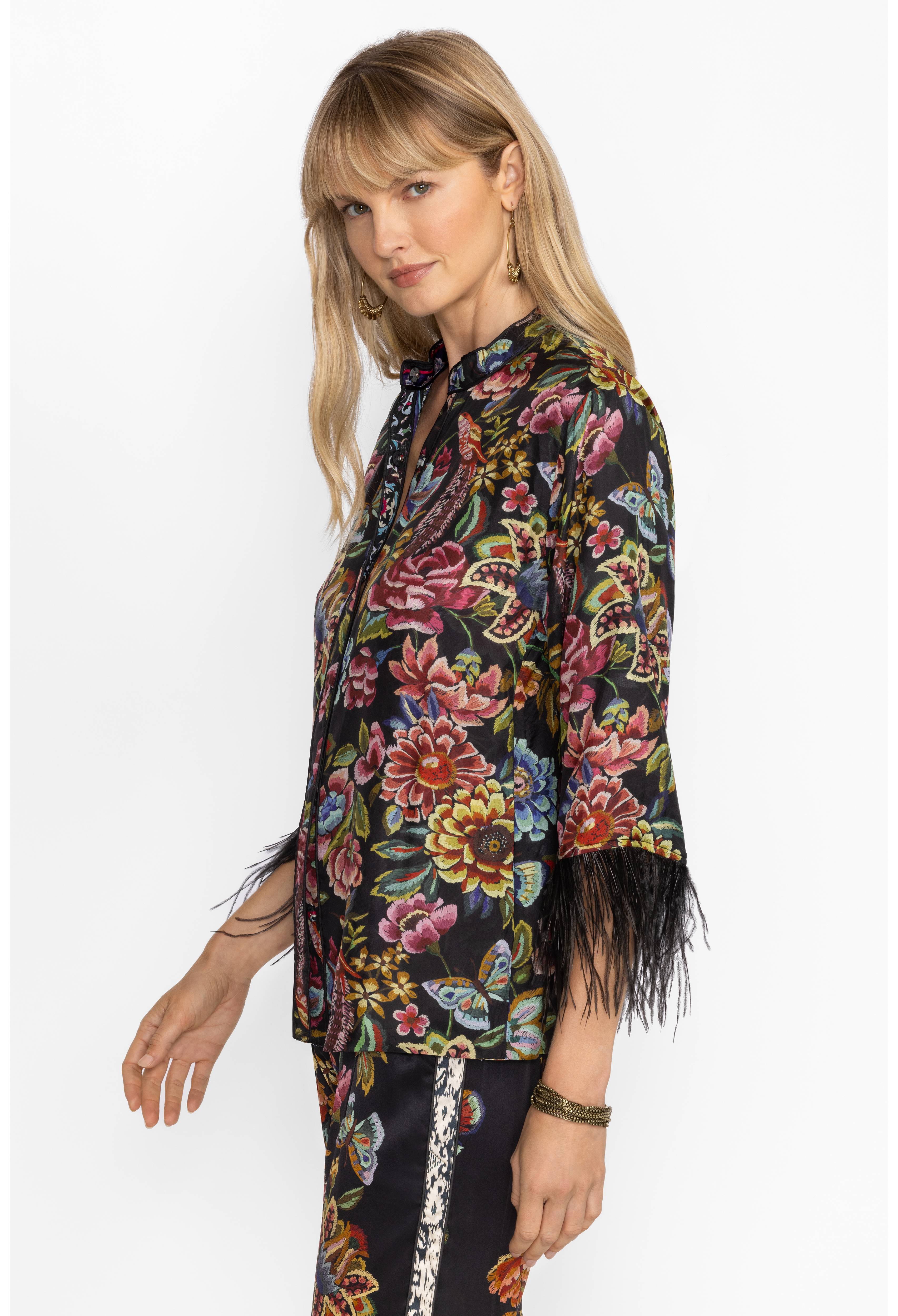 Johnny Was | Lewella Feather Trim Kimono | Antigua Flower