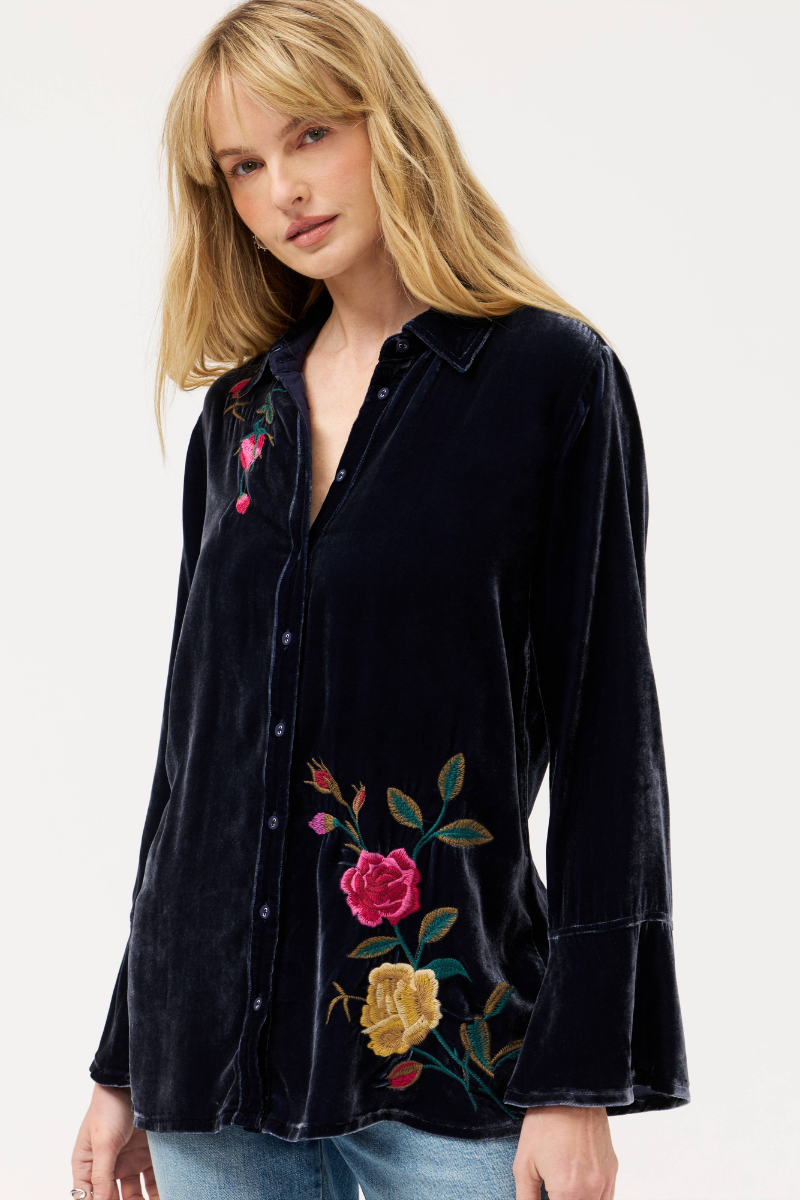 Johnny Was | Rosilia Flounce Sleeve Velvet Shirt | Sapphire Blue