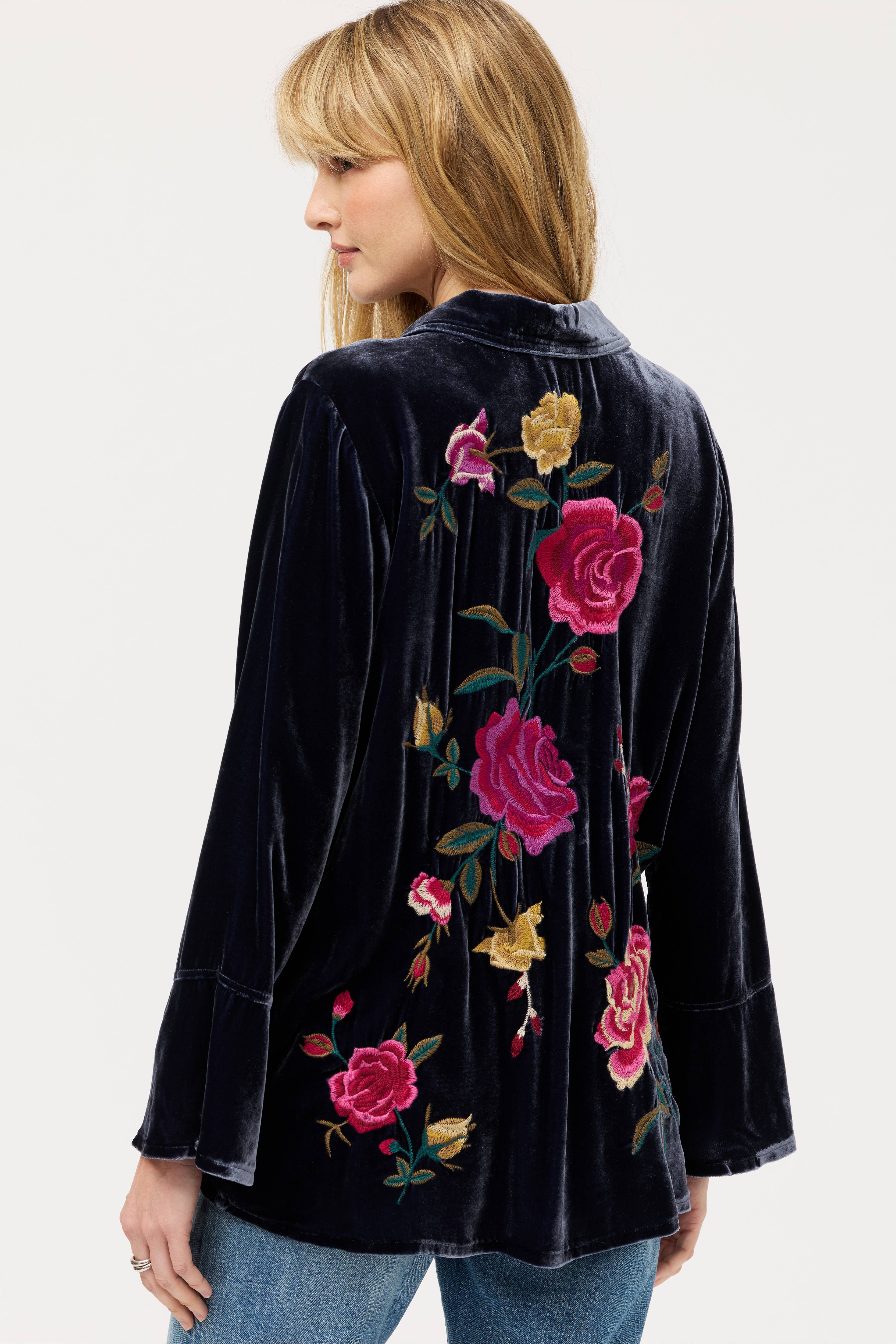 Johnny Was | Rosilia Flounce Sleeve Velvet Shirt | Sapphire Blue