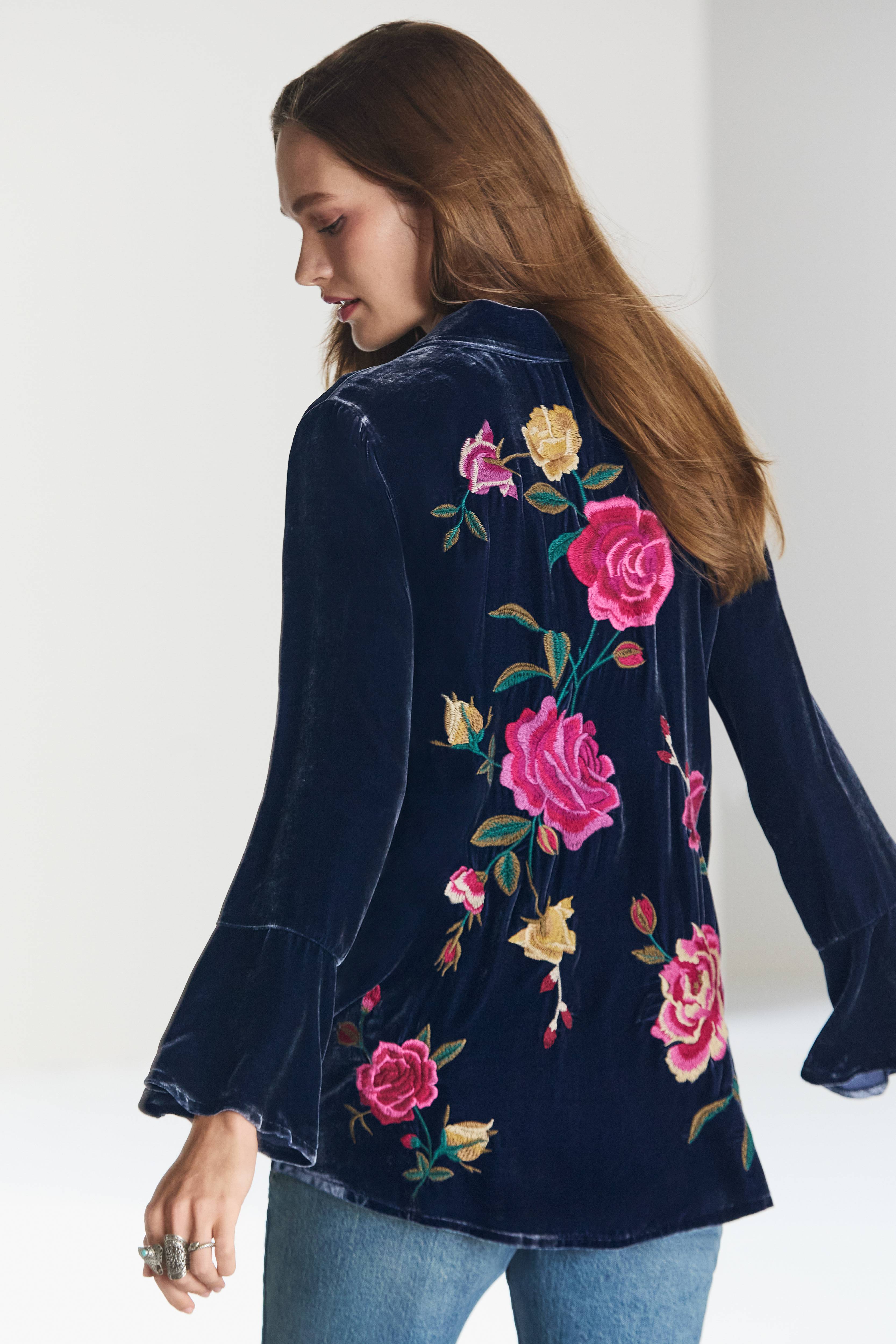 Johnny Was | Rosilia Flounce Sleeve Velvet Shirt | Sapphire Blue