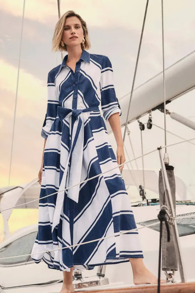 Joseph Ribkoff | Cotton Stripe Flare Stripe Dress | Navy/White