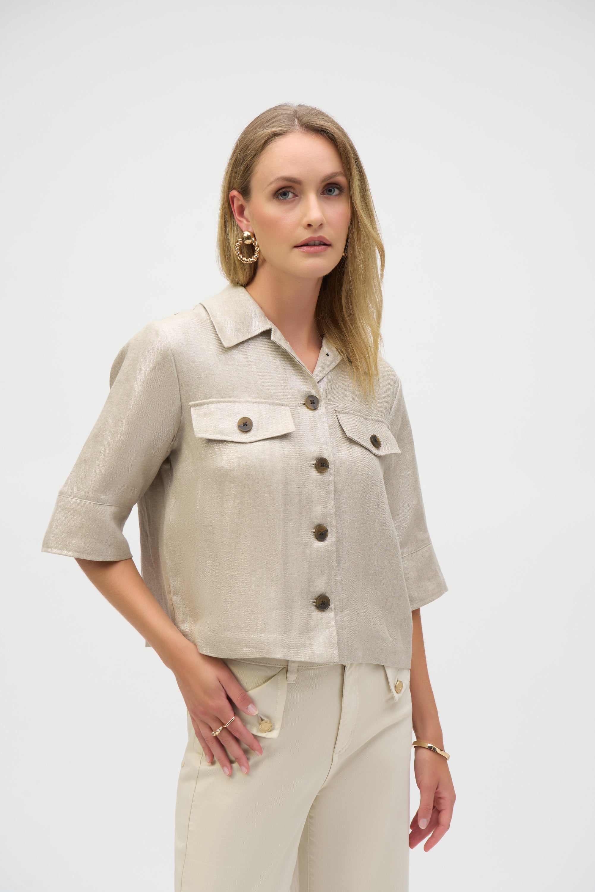 Joseph Ribkoff | Foiled Linen Blend Boxy Jacket | Champagne