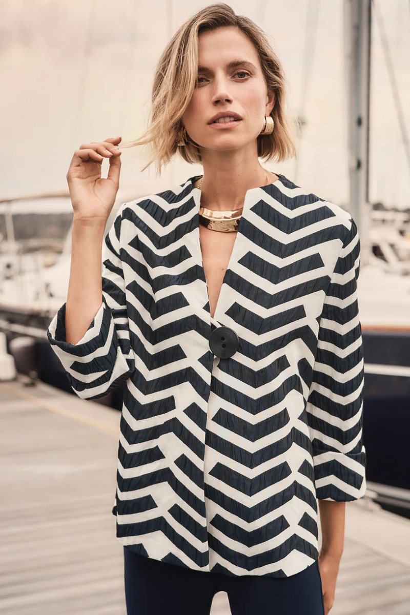 Joseph Ribkoff | Geometric Jacquard Trapeze Jacket | Navy/White