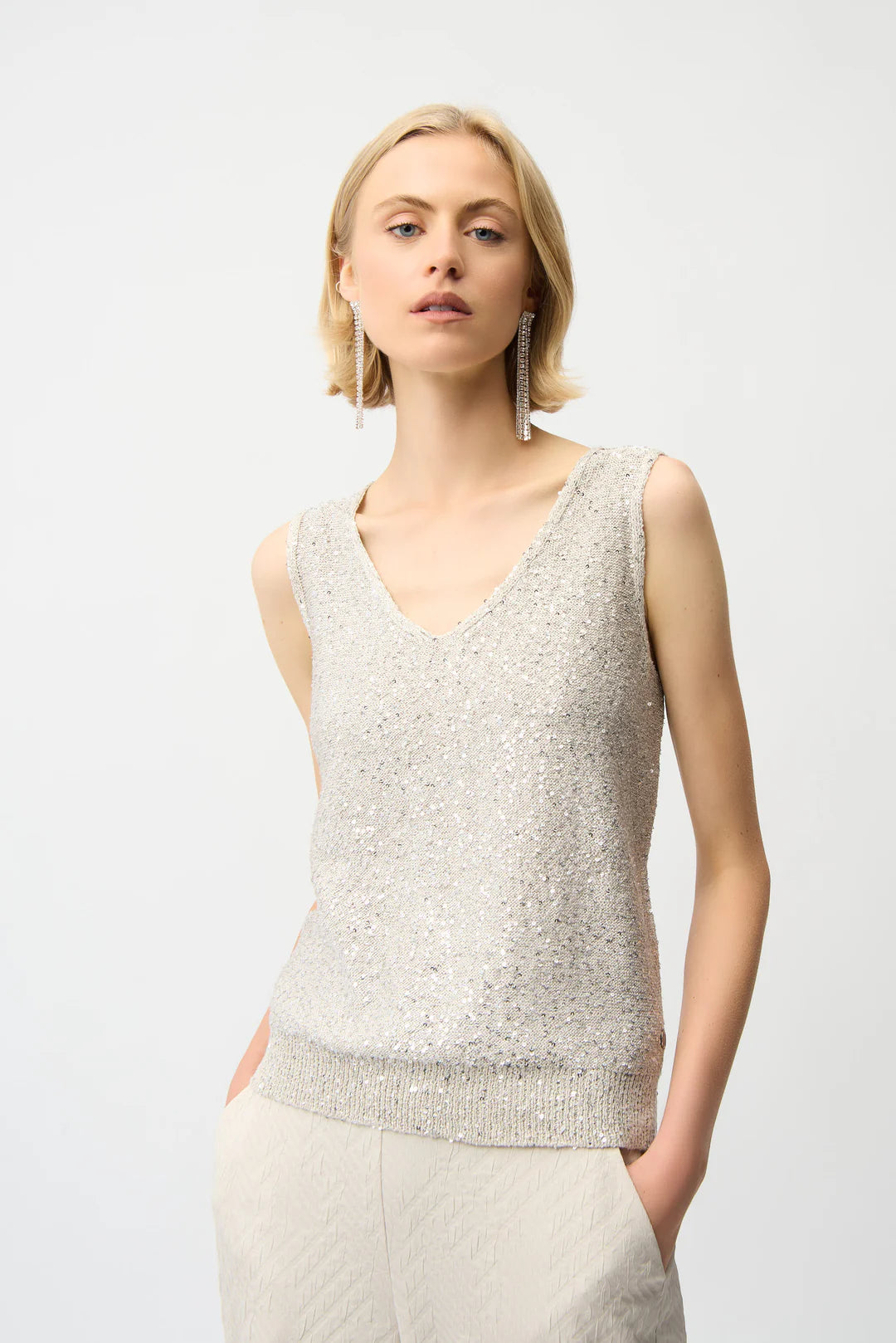 Joseph Ribkoff | Sequins Yarn V Neck Cami | Moonstone/Silver Sequins