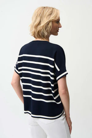 Joseph Ribkoff I Stripe Short Sleeve Sweater I Navy w White Stripe