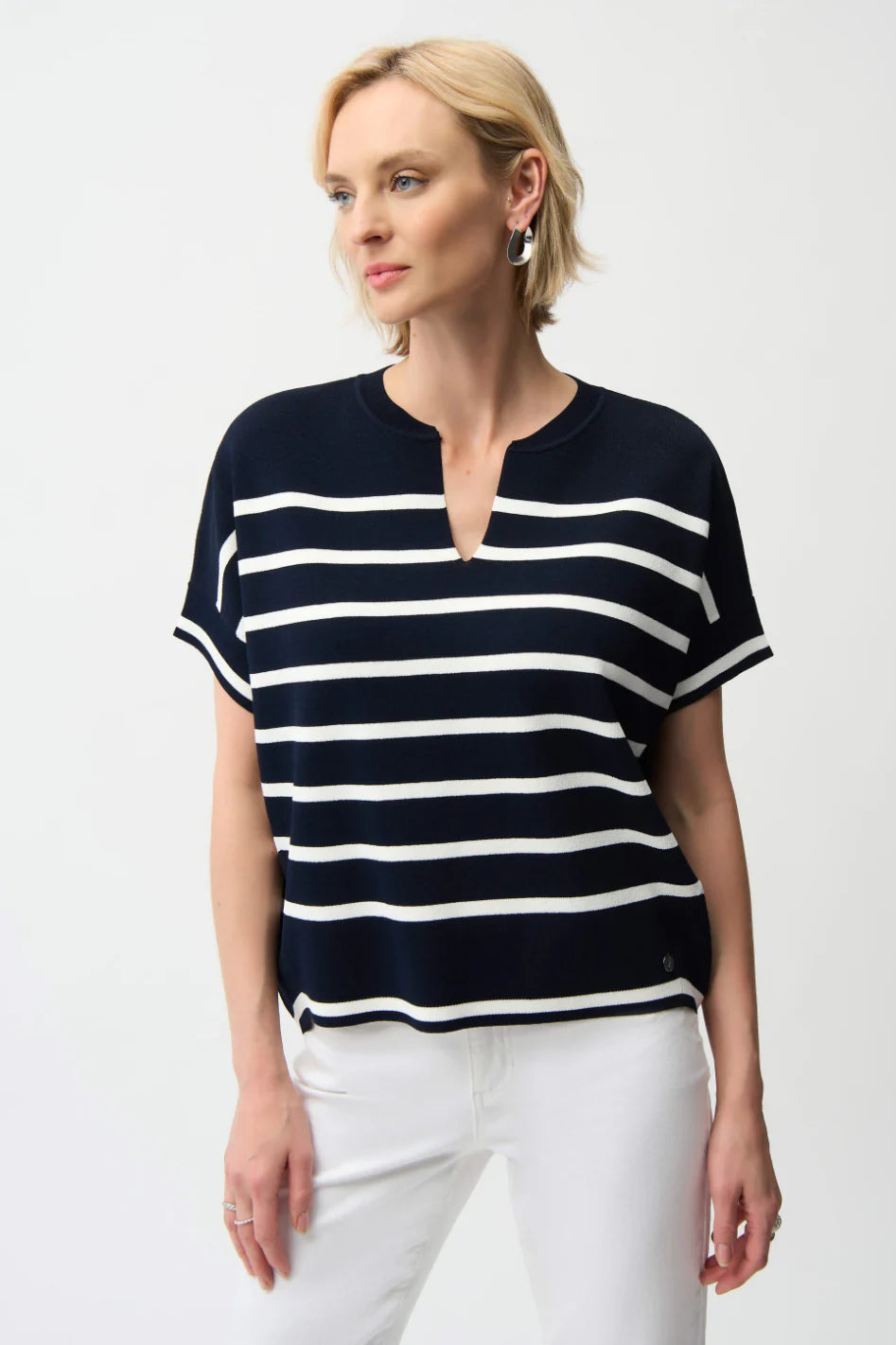 Joseph Ribkoff I Stripe Short Sleeve Sweater I Navy w White Stripe