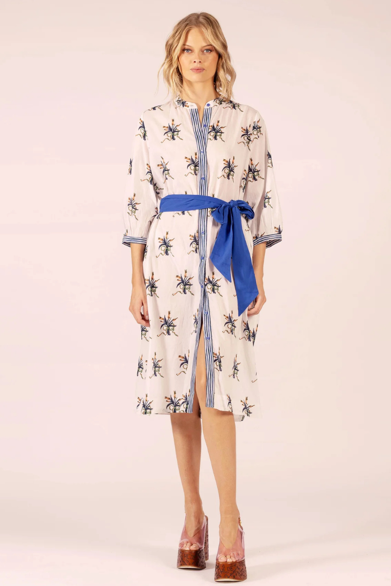 Lola | Cirque Midi Linen Dress| Spray Navy/White