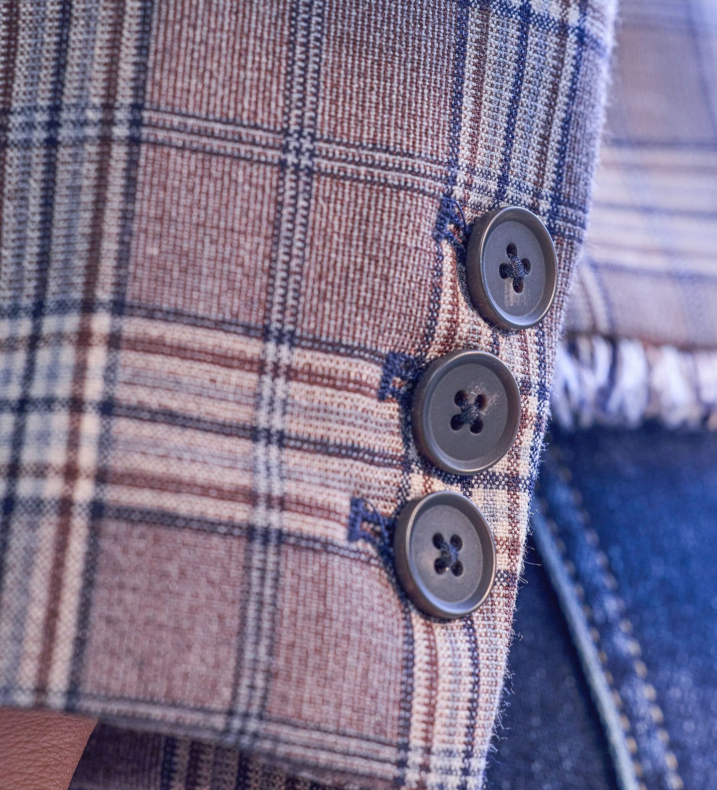 Liverpool Jeans | Collarless Fitted Blazer with Fray | Brown/Navy Check