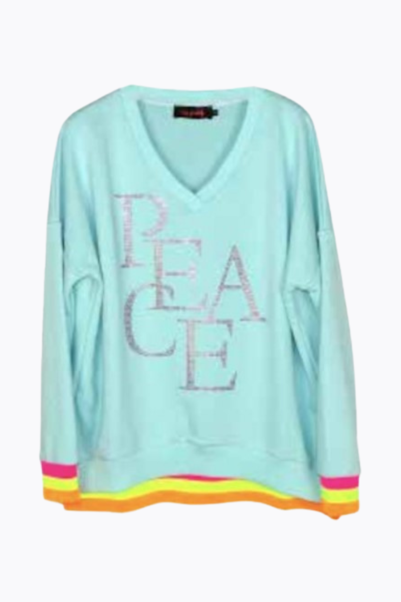 Miss Goodlife | Peace V-Neck Sweater | Light Blue Neon Pink