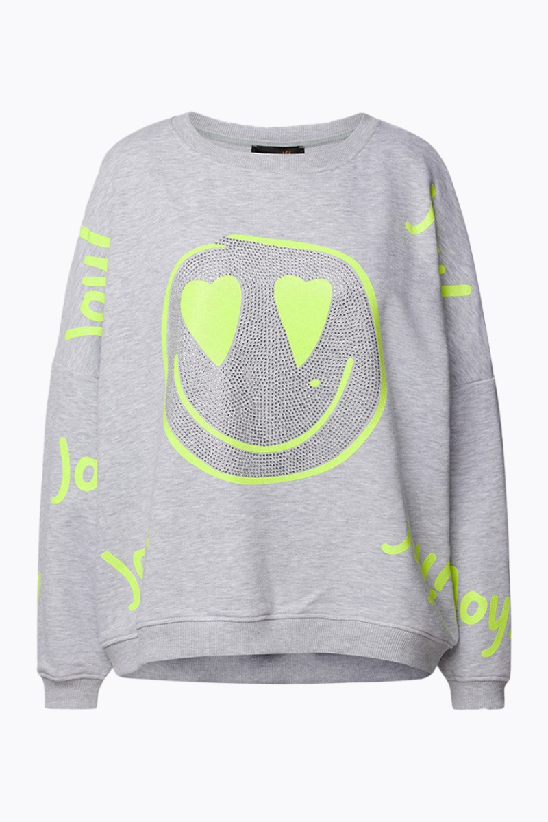 Miss Goodlife | Round Neck Joy Heartface Rhinestone Sweater | Grey Fluro Yellow