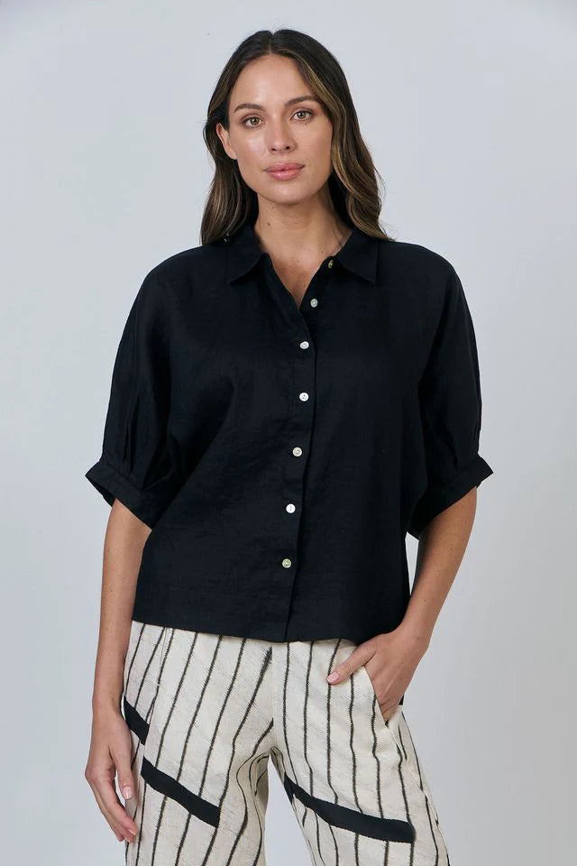 Naturals | Collared Button Through Shirt with Sleeve Detail | Black