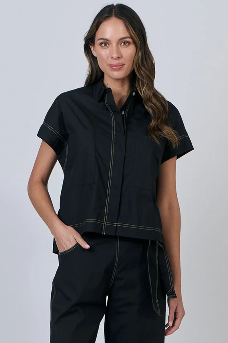 Naturals | Button Through Short Sleeve Blouse | Black with Natural Stitching