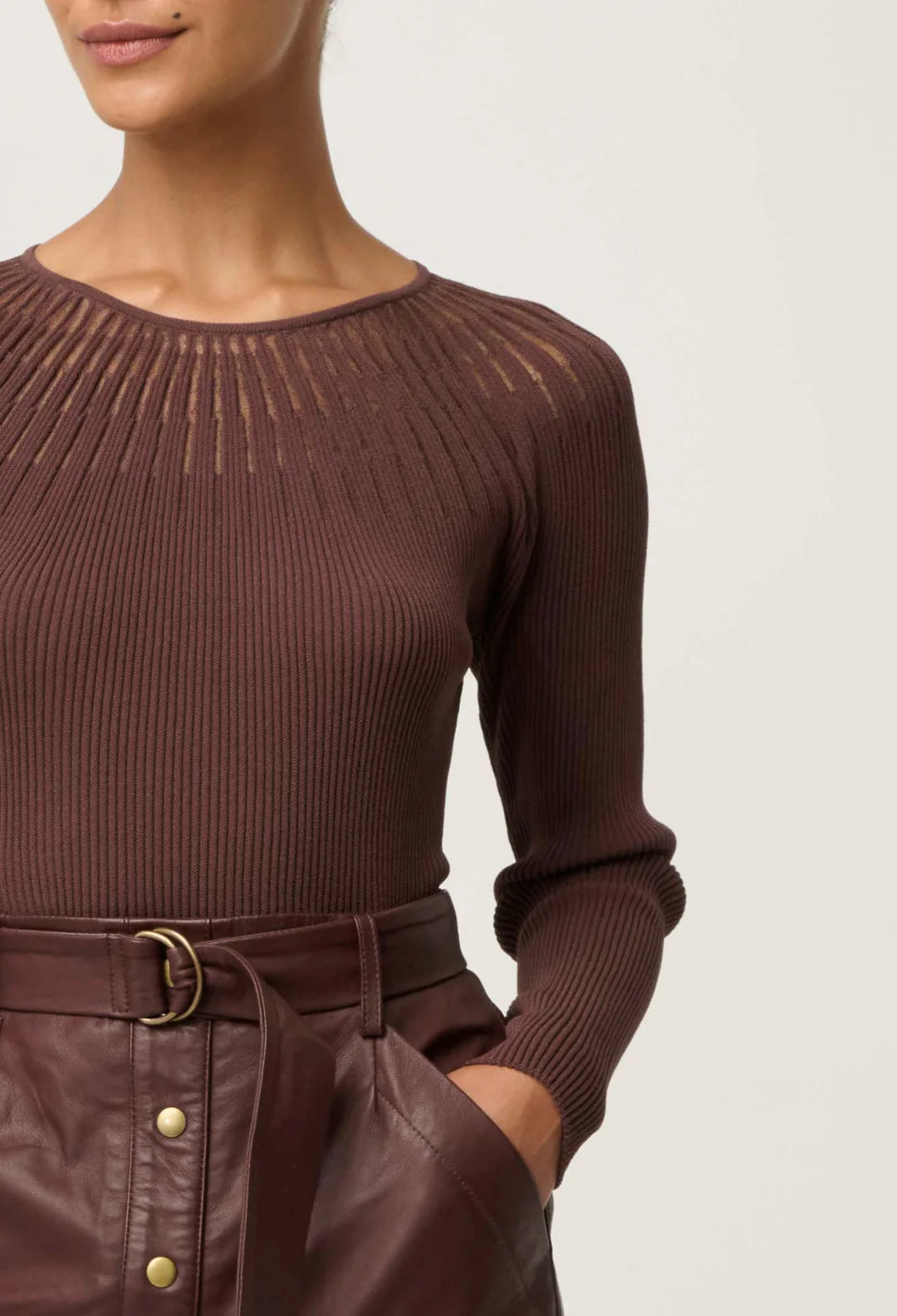 Once Was | Rhiannon Sheer Neckline Knit Top | Mocha