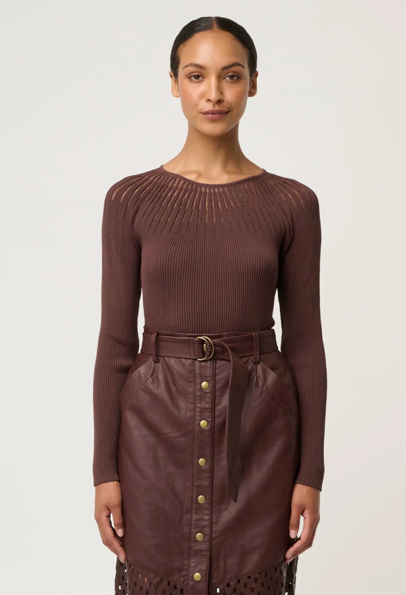 Once Was | Rhiannon Sheer Neckline Knit Top | Mocha