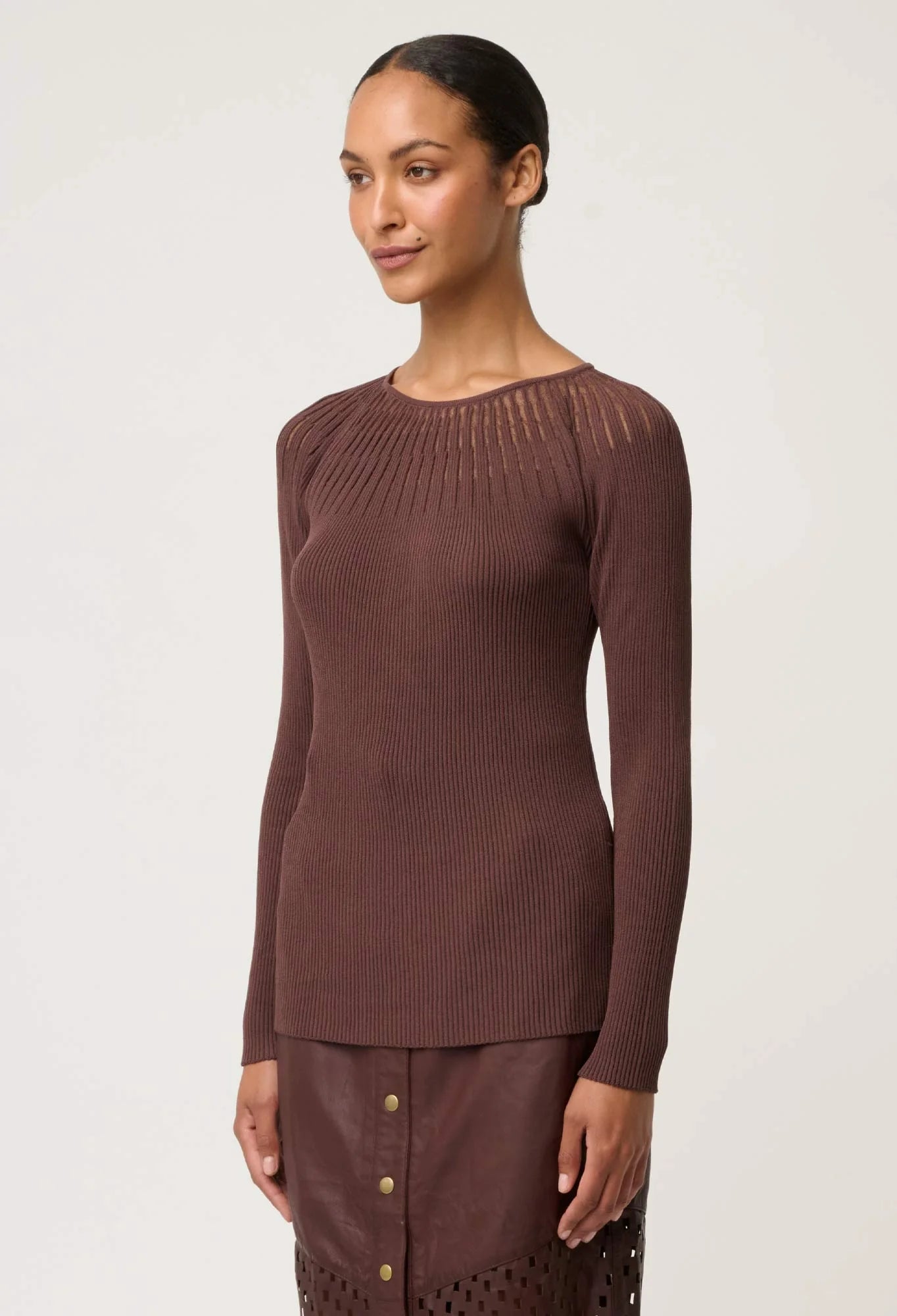 Once Was | Rhiannon Sheer Neckline Knit Top | Mocha
