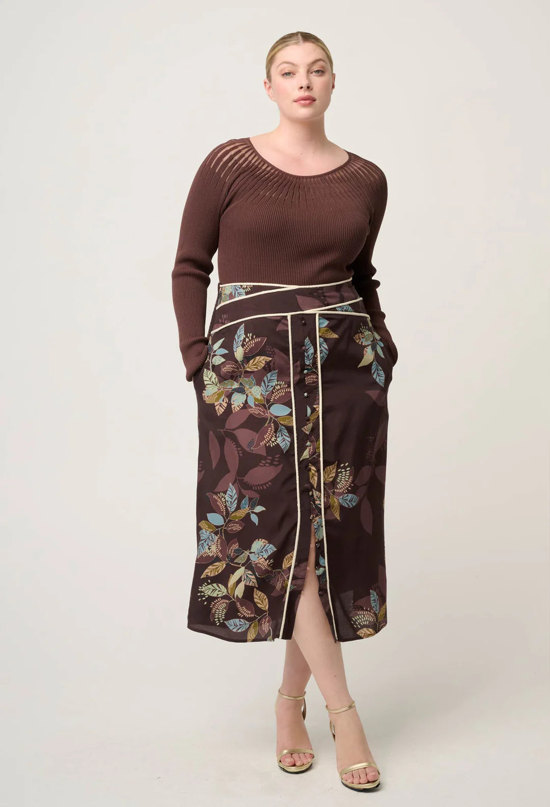 Once Was | Rhiannon Sheer Neckline Knit Top | Mocha