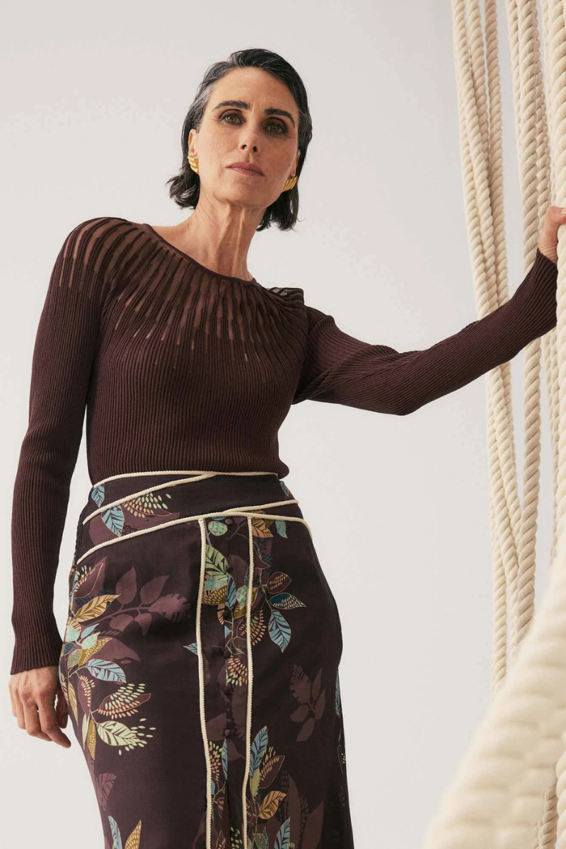 Once Was | Rhiannon Sheer Neckline Knit Top | Mocha