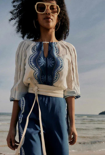 Once Was I Sakina Cotton Silk Lace Trim Blouse I Ivory Jade