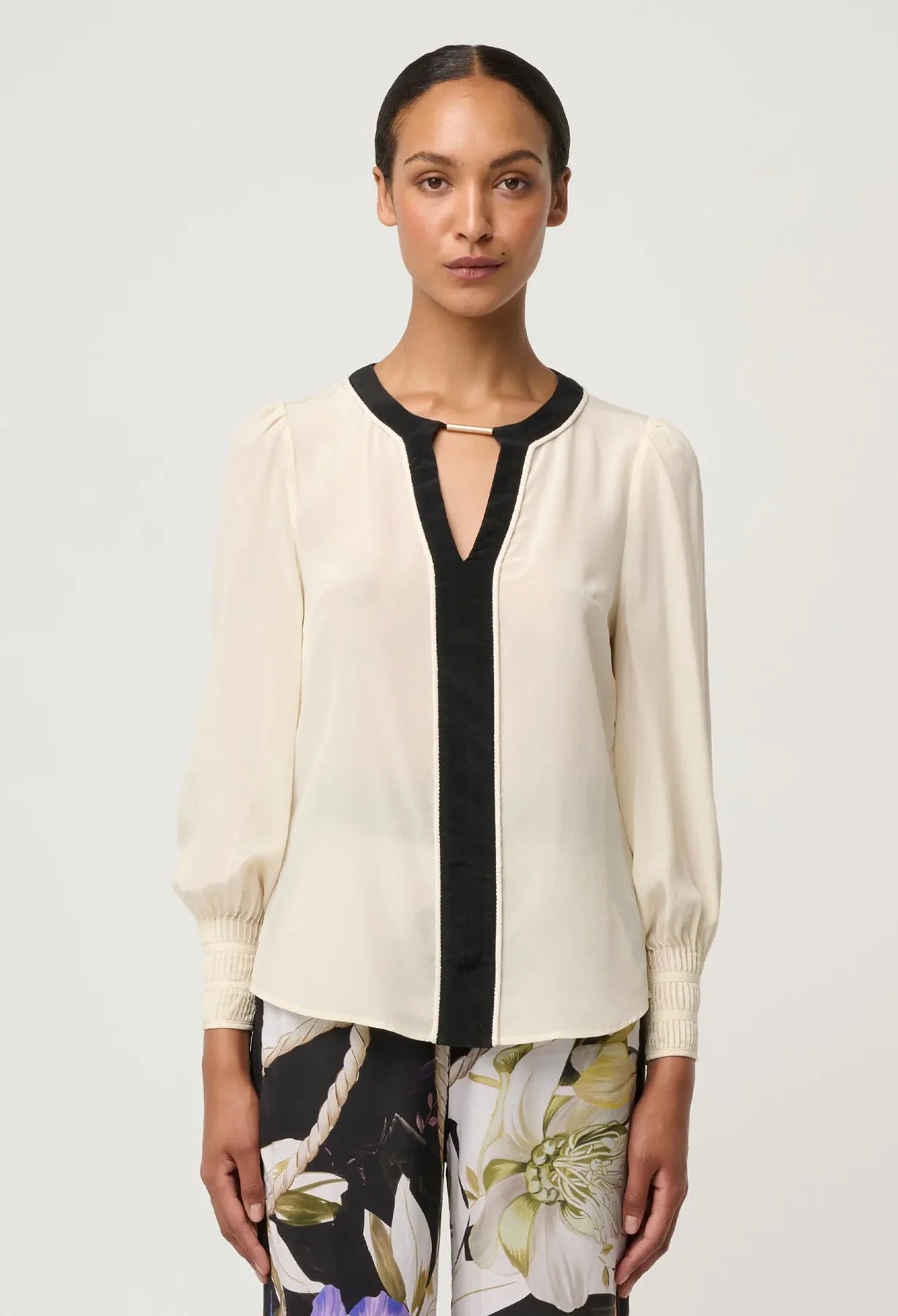 Once Was | Iris Contrast Panel Silk Blouse | Cloud