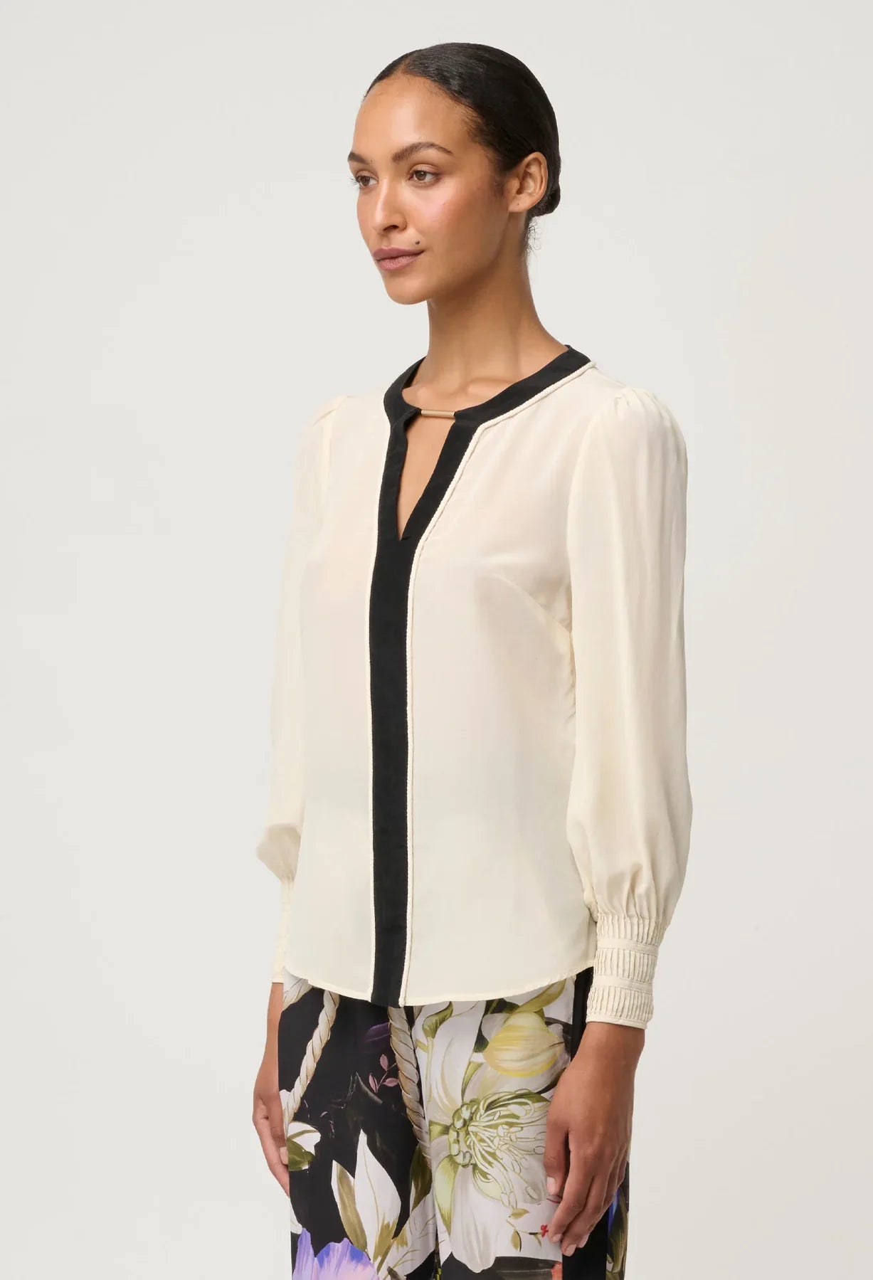 Once Was | Iris Contrast Panel Silk Blouse | Cloud