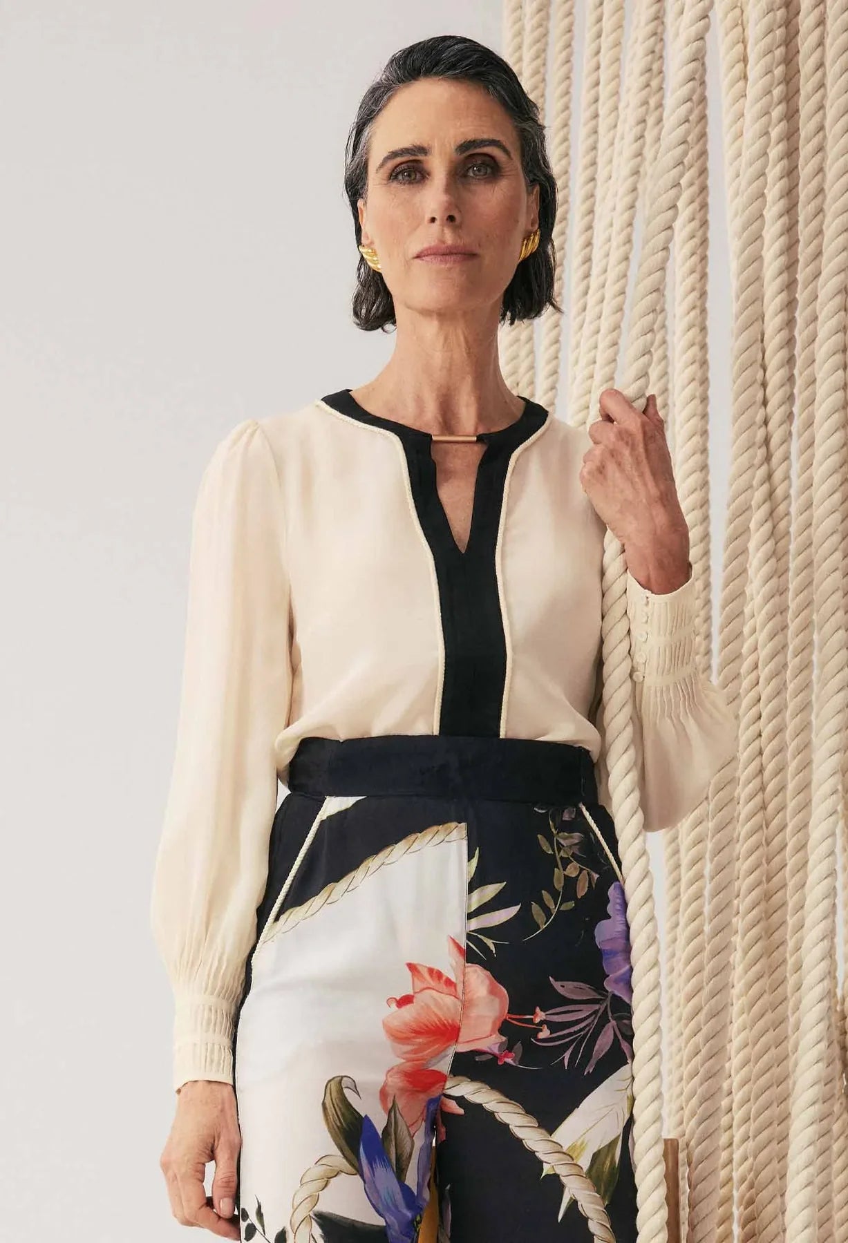 Once Was | Iris Contrast Panel Silk Blouse | Cloud