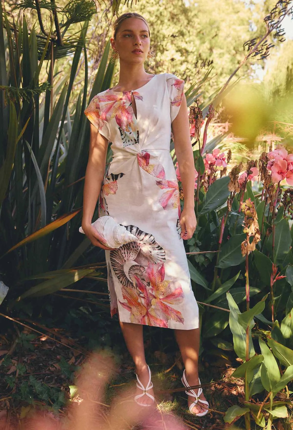 Once Was | Geneva Twist Detail Column Midi Dress | Nautilus Bloom