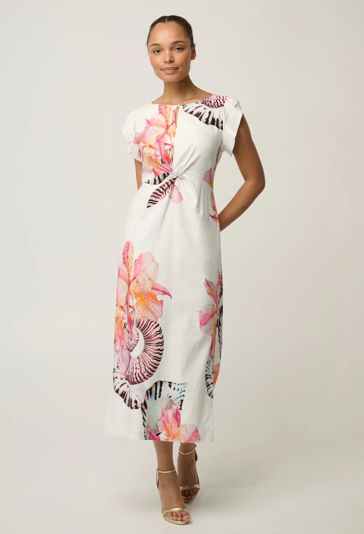 Once Was | Geneva Twist Detail Column Midi Dress | Nautilus Bloom