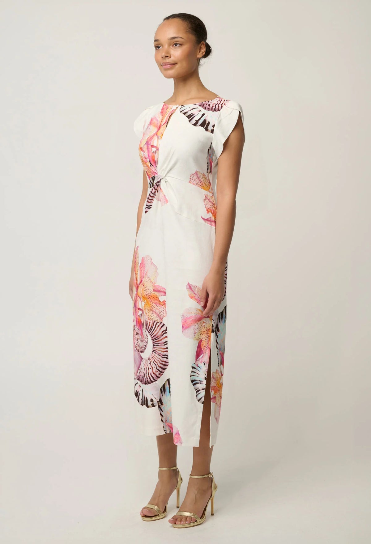 Once Was | Geneva Twist Detail Column Midi Dress | Nautilus Bloom