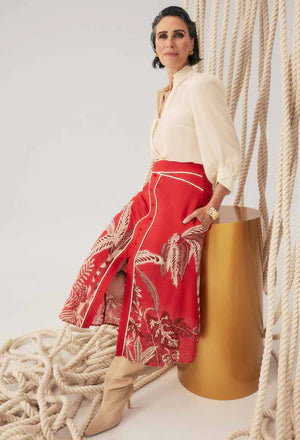 Once Was  I HarperFaille Placement Print Waist Panel Skirt I Crimson Palms