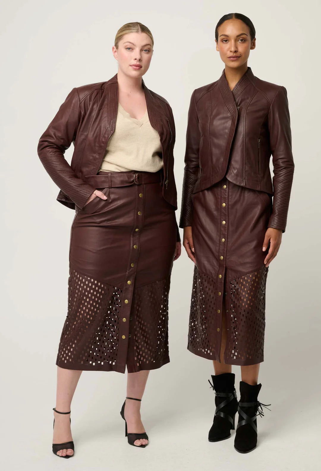 Once Was | Hypnotic Leather Laser Midi Skirt | Oxblood
