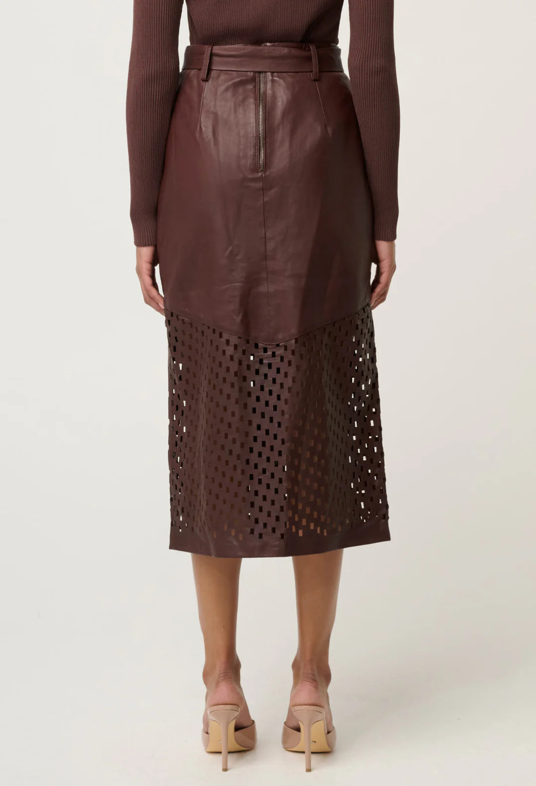 Once Was | Hypnotic Leather Laser Midi Skirt | Oxblood